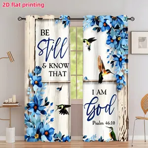 2D Flat 2Pcs Christian Psalm 46:10 Scripture Hummingbirds Floral Print Curtains, Religious Bible Verse Blue Flowers Aesthetic Drapes with Grommets, Semi Sunshade for Living Room Bedroom Kitchen Home Decor, Anti-Privacy.