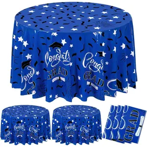 3 Pcs 84 Inch Graduation Party Tablecloths Disposable Plastic Round Tablecloths Congrats Gard Theme Pattern Waterproof Tablecovers for Graduation Birthday Party Table (Blue Black)