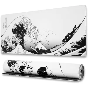 Gaming  Pad with Stitched Edges,  Wave  Pad, Extended XL Mousepad with Anti-Slip Base, Cool Large  Pad for Desk, 31.5 x 11.8 in, Black and White