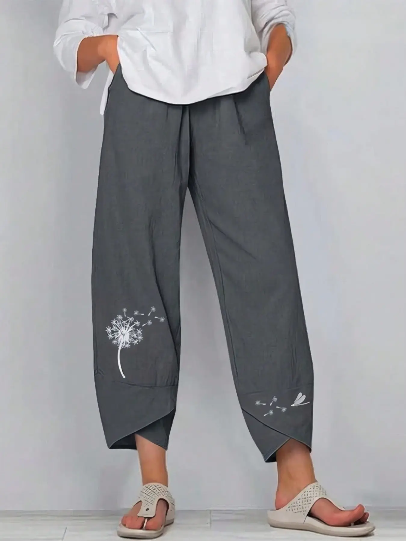 Fashion Dandelion Embroidery Cropped Pants, Womenswear, Plus Size Casual Loose Fit Trousers, Lightweight Breathable Fabric, Y2K Summer Outfits, Party Casual Pants, Bohemian, Bohemian Bottom, Casual Fashion Bottoms
