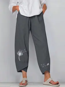 Fashion Dandelion Embroidery Cropped Pants Plus Size Casual Loose Fit Trousers, Lightweight Breathable Fabric, Y2K Clothes Summer Outfits, Trendy Daily Casual Wear, Comfortable Relaxed Fit Bohemian Bottoms, Stylish Embroidered Detail Party Casual Pants