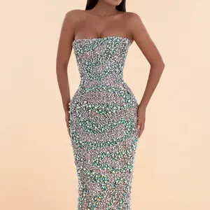 Maxi Dress With Crystals Details On the Front Formal Womenswear