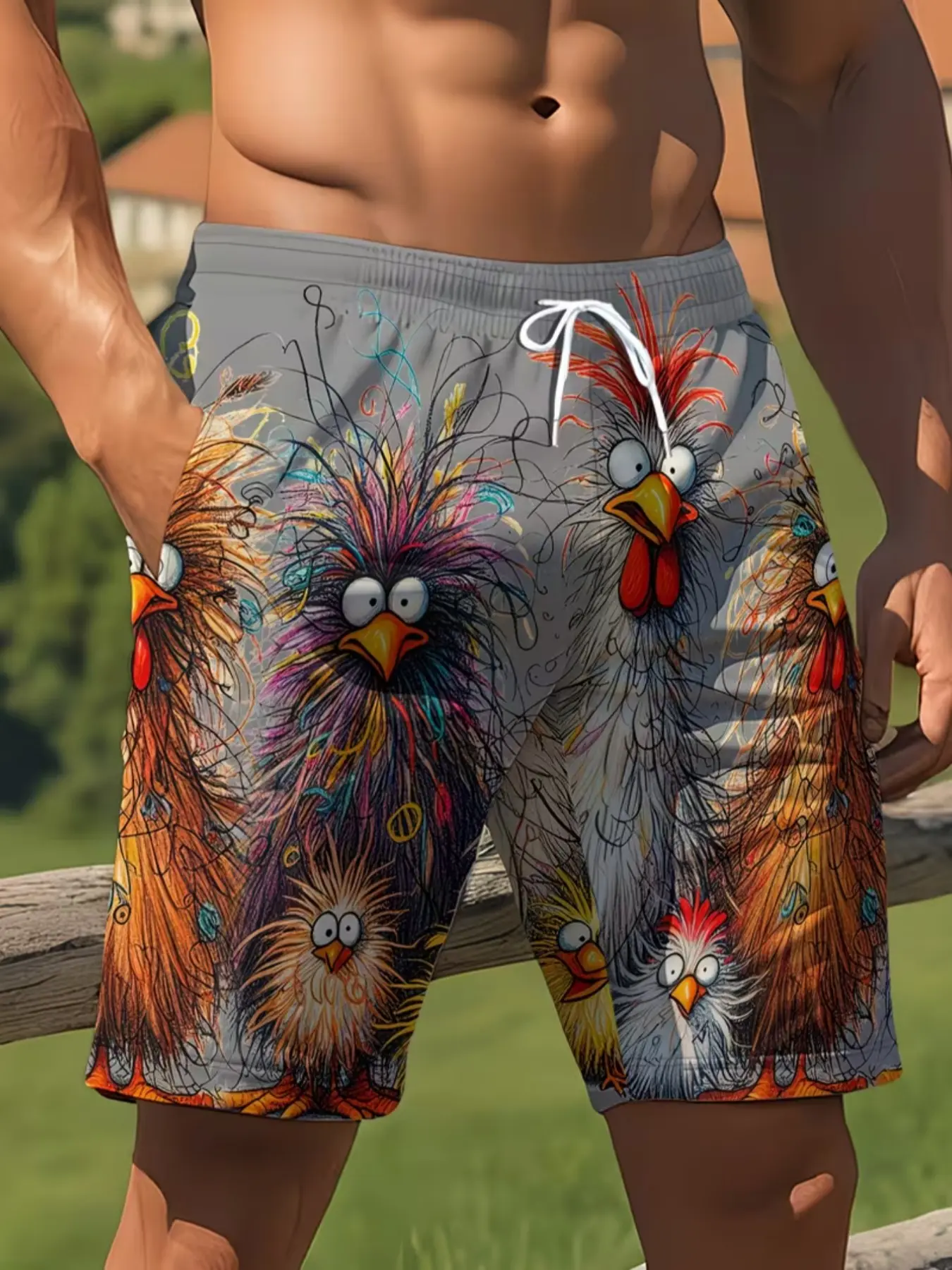 Men's Colorful 3D Chicken Print Sporty Graphic Swim Trunks, Swimming Shorts, Swimwear Shorts, Casual Beachwear, Surf & Dive Gear, Elastic Waistband Summer Shorts, Summer Swim Bottoms