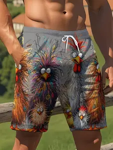 Men's Sporty Swim Trunks, Colorful 3D Chicken Print, Casual Beachwear, Surf & Dive Gear, Elastic Waistband, Summer Shorts