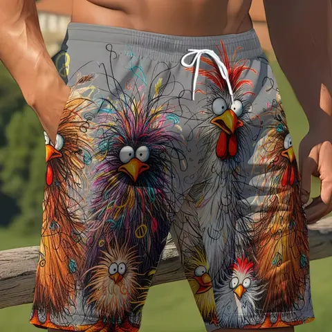 Men's Colorful 3D Chicken Print Sporty Graphic Swim Trunks, Swimming Shorts, Swimwear Shorts, Casual Beachwear, Surf & Dive Gear, Elastic Waistband Summer Shorts, Summer Swim Bottoms