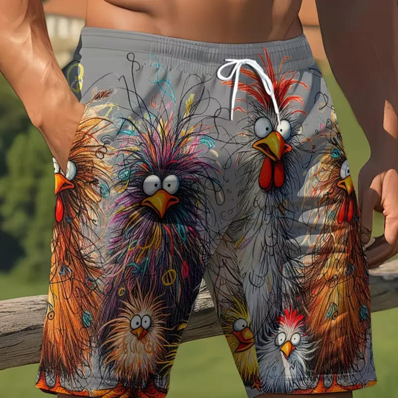 Men's Colorful 3D Chicken Print Sporty Graphic Swim Trunks, Swimming Shorts, Swimwear Shorts, Casual Beachwear, Surf & Dive Gear, Elastic Waistband Summer Shorts, Summer Swim Bottoms