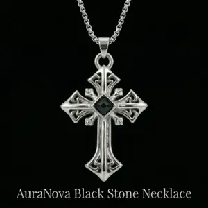 AuraNova Unisex Gothic Cross Necklace - 23.6in Stainless Steel Jewelry with Black Stone, Meaningful Christian Gift for Men & Women, Gothic Aesthetic Necklaces