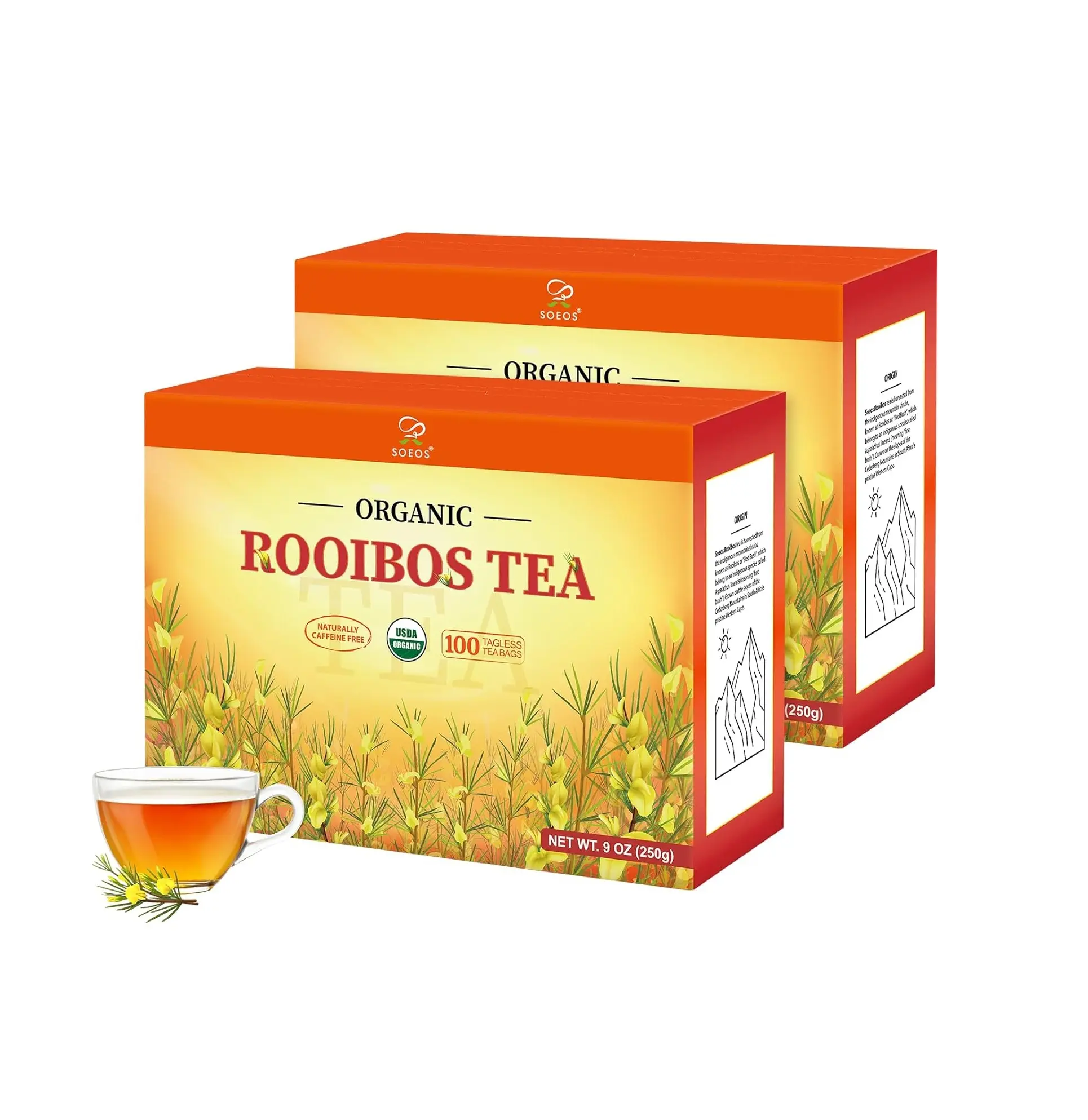 Soeos Organic Rooibos Tea, 200 Teabags (2 Packs), Naturally Caffeine Free, USDA and Non GMO Certify, Smooth and Robust Flavor, Excellent for Hot or Iced Brew, 18oz (500g)