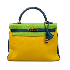 Pre-owned HERMÈS Leather Tote Bags Hermes Vert Cru, Jaune Blue Thalasssa Togo Kelly 32 E2301025