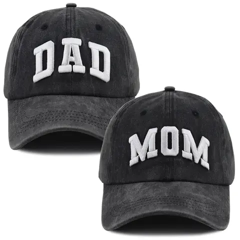 Couples' 2-Piece Custom Embroidered Cotton Mom and Dad Baseball Caps - 6-Row Stitching, Adjustable Buckle, 21.65-23.22 in, Casual Fitted Breathable Outdoor Hats for New Parents, Letters-Embellished Father's Day/Birthday Gifts