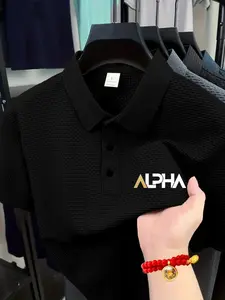 Men's Embroidered Polo Shirt Short Sleeve, Casual Fitted Design, Breathable Fabric, Color Block Lettering, Summer Essential