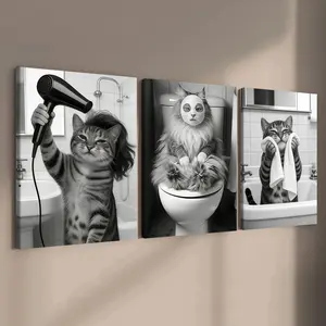 3-count wooden frame canvas, black and white fun bathroom cat three-panel decorative poster, humorous bathroom decoration, fashionable family poster, modern living room decoration, suitable for corridor and bedroom walls, waterproof art