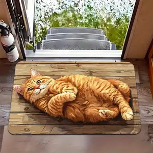 Lazy Orange Tabby Cat Doormat, Rustic Wood Plank Background with Cute Fluffy Cat, Non-Slip Backing. Absorbs Dirt & Moisture, Easy to Clean. Perfect for Cat Lover & Cozy Entryway Decor