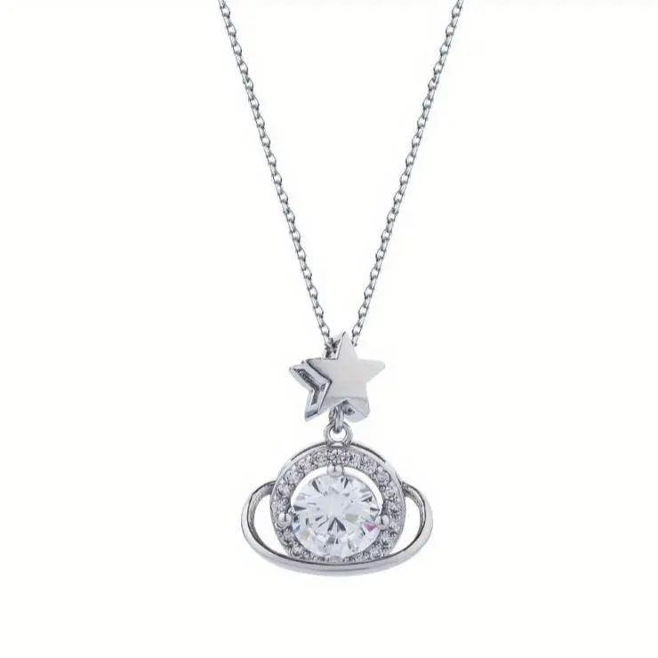 Women's Silver-Plated Celestial Pendant Necklace - Sparkling Round-Cut CZ Saturn Halo Chain, Universe-Themed Romantic Costume Jewelry, Anniversary Birthday Gift for Girlfriend, Stackable Fashion Accessory gifts for girlfriend mom birthday gifts
