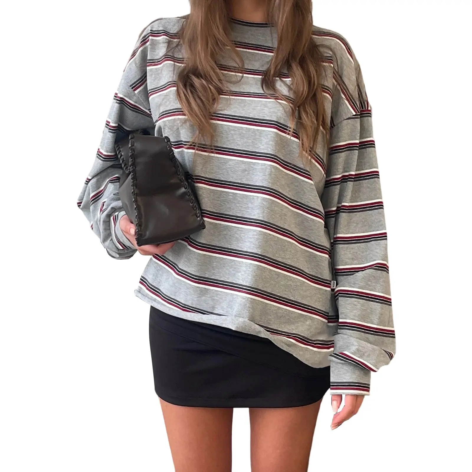 Women's Striped Longsleeve T-Shirt - Casual Loose Round Neck Lady Tops, Trendy Fall Streetwear Grey Womenswear Blouse, Longsleeves