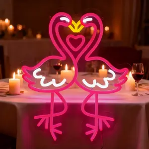Romantic Flamingo Neon Sign - Pink LED couple flamingo heart neon light, USB operated wall-mounted plastic neon lamp. Perfect for bedroom, wedding and Valentine's Day decoration. It is an excellent gift for love-themed parties, available in multiple color
