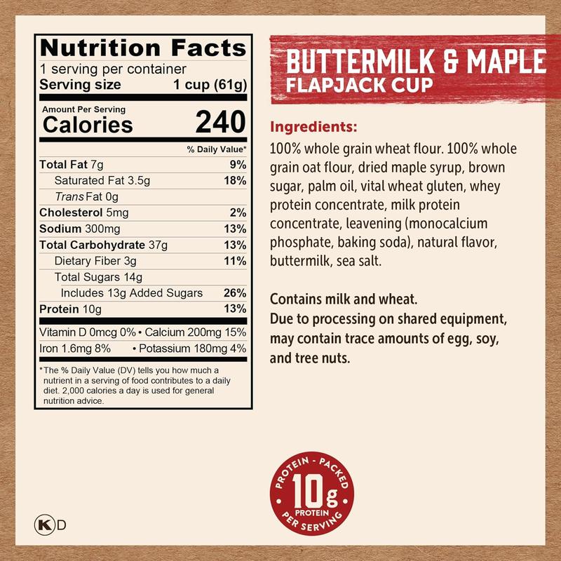 Kodiak Cakes Instant Pancake & Flapjack Cups, Buttermilk & Maple, High Protein, 100% Whole Grains, (Pack of 12)