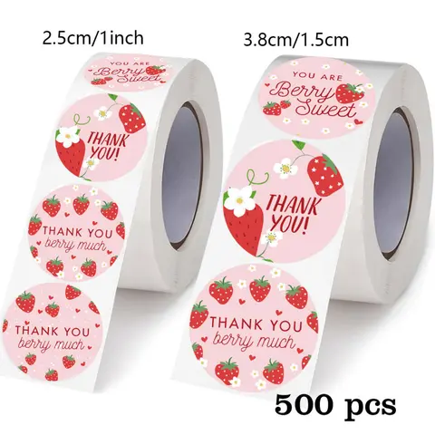 Strawberry Thank You Stickers - Floral Pattern Self-Adhesive Seal Sticky Decorative Labels for Summer Birthday Party Decor & Gift Wrapping Round Label