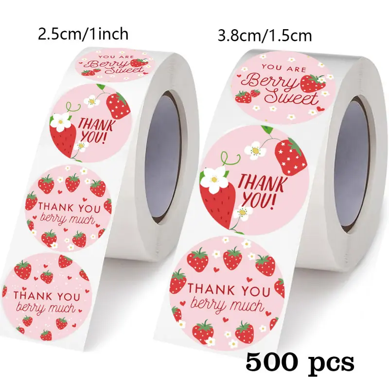 Strawberry Thank You Stickers - Floral Pattern Self-Adhesive Seal Sticky Decorative Labels for Summer Birthday Party Decor & Gift Wrapping Round Label