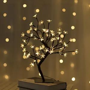 LED Cherry Blossom Tree Shaped Night Light, USB Powered Artificial Tree Lamp with Durable Base, Decorative Desktop Tree Night Light for Bedroom Office