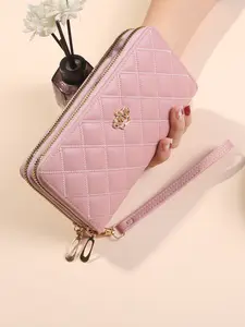 Korean Style Women's Dual Zipper Embroidered Wallet, Large Capacity Two-Layer Handheld Phone Bag, Dual Pouch Wristlet, Casual Fashion Accessory, Double Zipper Purse