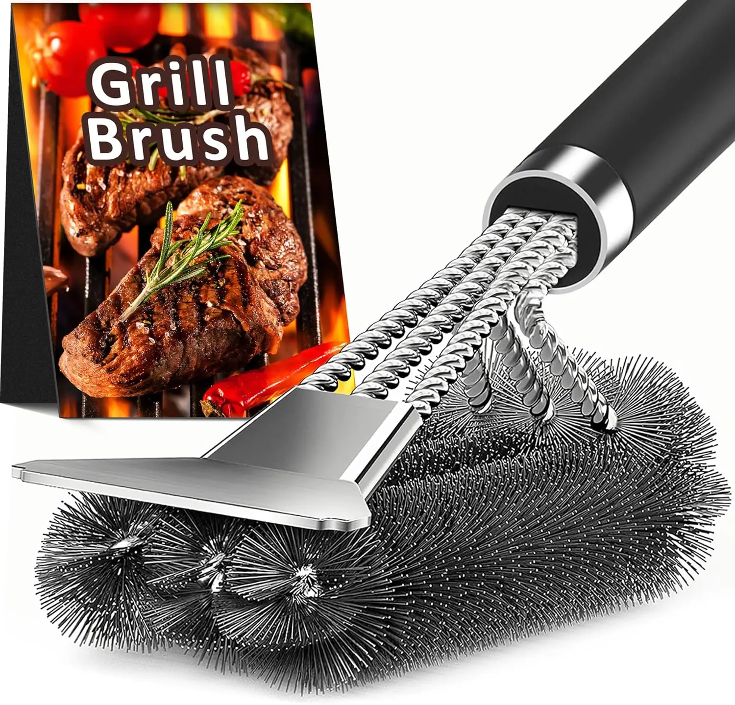 Grill Brush, 18'' Extra-Strong Handle, BBQ Cleaner with Scraper | Remove Tough Grime, Triple Safe Wire Bristle Scrubbers, for Gas, Charcoal & Smoker, Steel Grates, 360°Wizard Cleaning