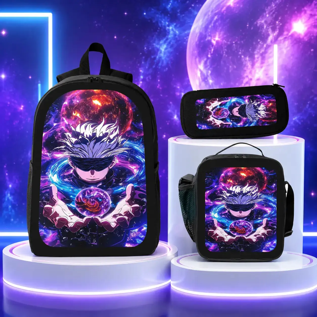 Jujutsu Kaisen Gojo Satoru Anime Backpack Set 3PCS School Backpack Lunch Bag Pencil Case Lightweight Polyester Daypack for Teens Students Backpacks for School Women Men Travel Casual Backpack Set