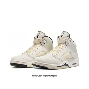 Cream White Smooth Leather High-Top Retro Basketball Shoes with Beige Mesh and Black Speckled Sawtooth Midsole