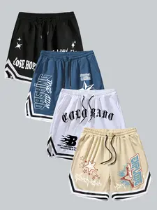 Men's retro street sports shorts, "LOSE HOPE"&star patterned silk screen printed clothing, customized drawstring waist, ideal for gym workouts and urban street styles | Durable prints for trendsetters