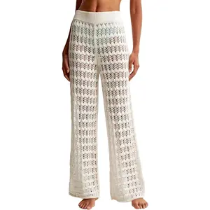 Womens Crochet Cover Up Pants Sheer Mesh High Waist Sexy Casual Knit Summer Swimsuit Coverup Beach Pants White Womenswear