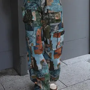 Women's Patchwork Art Print Pocket Cargo Pants, Casual Street Trousers for Daily Wear, Ladies Bottoms for All Seasons, Baggy Pants