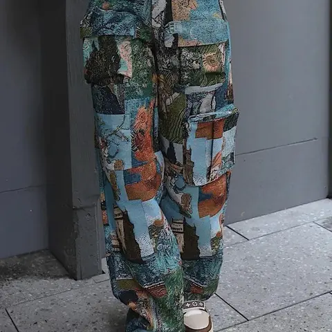 【Black Friday】Women's Patchwork Art-Print Cargo Pants, Baggy Casual Streetwear Trousers with Pockets for Outdoor Use and Daily Wear Year-Round