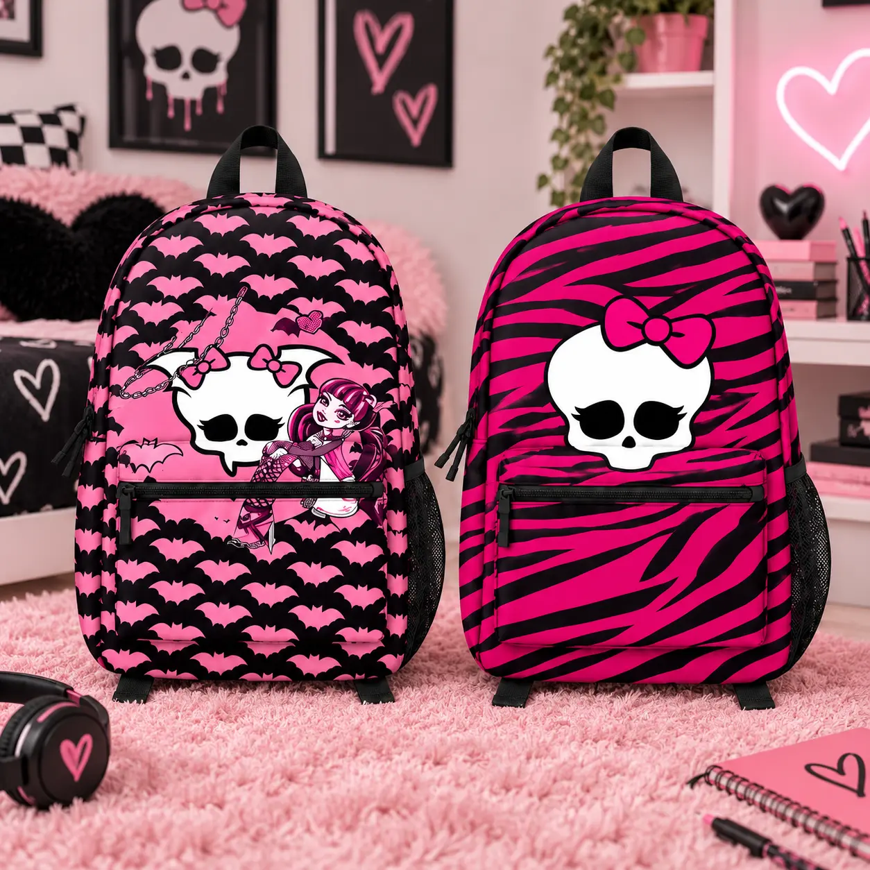 Gothic Skull Backpack Pink Black Backpack Cute Spooky School Bag Zebra Leopard Bat Pattern Backpack Bookbag Halloween Gift