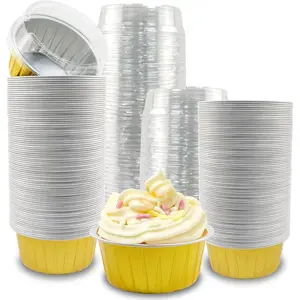 100Pcs Disposable, 5oz Mini Cake Pans with Lids Aluminium Foil, Disposable Mini Cake Containers Creme Brulee for Christmas Wedding Birthday(Gold Silver)
