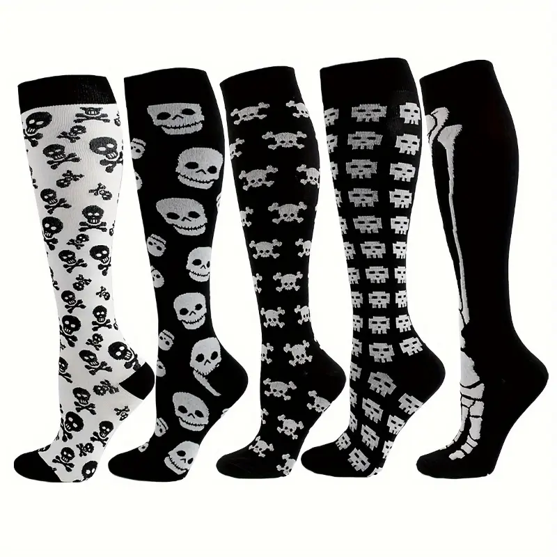5 Pairs Compression Socks for Men and Women, Harajuku Skull Design, Knee-High Long Sport Socks, Polyester 98%, Spandex 2%, Machine Washable, Knit Fabric, Cartoon Pattern