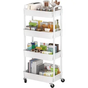 4-Tier Plastic Rolling Utility Cart with Handle, Multi-Functional Storage Trolley for Office, Living Room, Kitchen, Movable Storage Organizer with Wheels, White