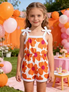 Summer New Girl's One-Piece Romper, Strapless Bow Floral Print Kids Clothing Short Pants Jumpsuit, Ages 1-8 Years