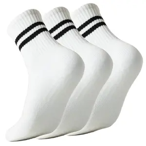 Pilates Socks with Grips for Women Grippy Non Slip Crew Socks for Yoga Barre Hospital Striped 3 Pairs