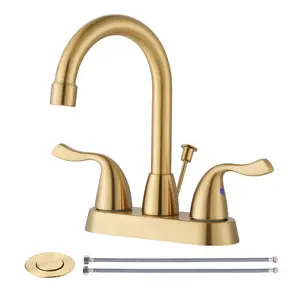 Brushed Gold Bathroom Faucet, 4 inch Centerset Bathroom Faucet with Drain Assembly and Supply Lines, Gold Faucet for Bathroom Sink