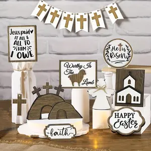Wooden Easter Decoration Set, 15pcs/set Cross & Church & Letter Pattern Decorative Ornament without Tray, Religious Decoration for Home Office Desktop