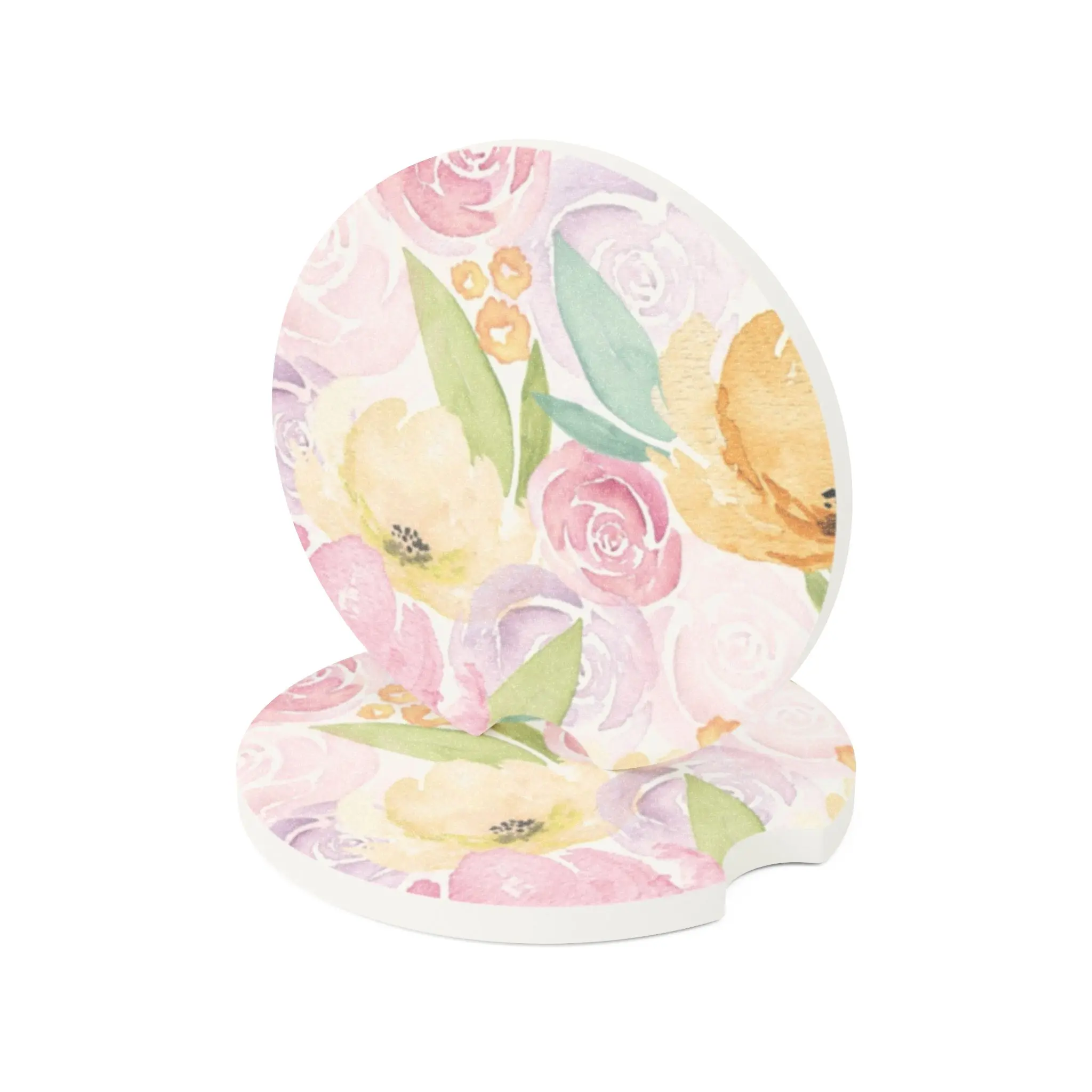 Watercolor Flower Car Cup Holder Coaster, Soft Pastel Floral Auto Coasters, Aesthetic Girly Car Decor Gift
