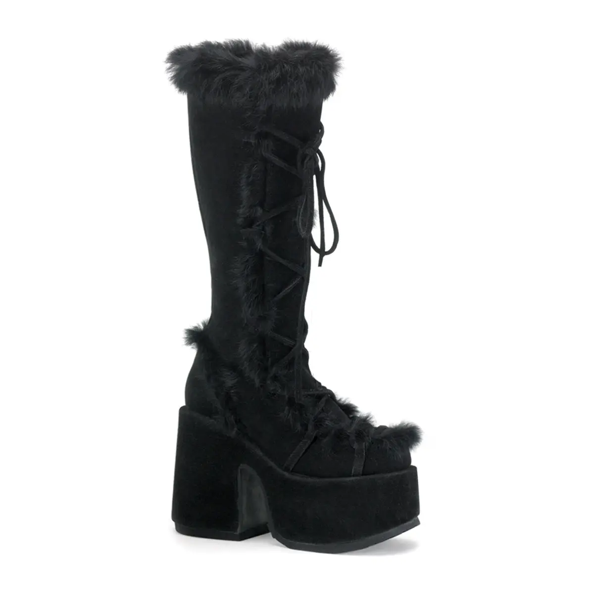 Demonia Camel-311 Women's Black Faux Suede Knee-High Platform Boots with Faux Fur Lining & 5" Platform Demonia Camel-311 Women's Black Faux Suede Knee-High Platform Boots with Faux Fur Lining & 5" Platform