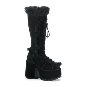 Demonia Camel-311 Women's Black Faux Suede Knee-High Platform Boots with Faux Fur Lining & 5" Platform