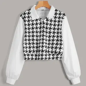 SHEIN *BRAND NEW* Women's EZwear Houndstooth Print Collared Pullover - Small Casual V-Neck Striped Long Sleeve Cotton