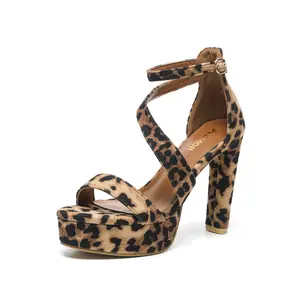 AMOJI Women's Leopard Print 4 Inch Platform Ankle Strap Heeled Sandals 325 Footwear Walking Shoes for Dinner Party Outfit Silver Heels