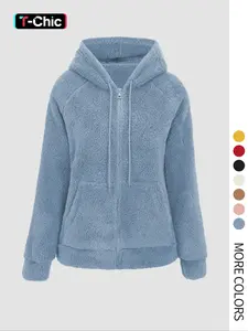 Women's Hooded Plush Soft Long Sleeve Jacket Coats with Pockets & Drawstring, Solid Casual Minimalist Fitted Zipper Outerwear for Spring Autumn Winter All Seasons