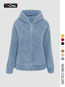women's hooded plush jacket with pockets & drawstring, zipper design, casual fitted outerwear for fall winter spring autumn