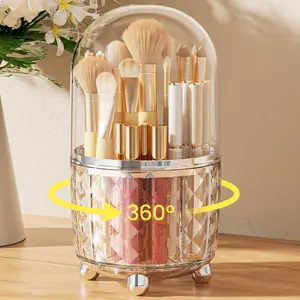 Diamond Pattern Makeup Brush Holder Organizer, Water & Dustproof Lid Makeup Organizer Countertop, 360 °Rotating Bathroom Organizers and Storage,Make up Brushes Cup for Vanity Boxes Installation
