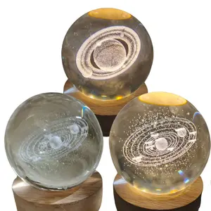 3D Crystal Ball Round Shape Solar System Planet Moon Astronaut LED Light, Home Snowflake Glass Decor Gift, USB LED Night Lamp Home Decoration
