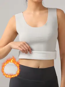 Women's Winter Sleeveless Thermal Underwear, Fleece Lined Thick Plain Basic Tank Top, Slim Fit Seamless Casual Bottoms, Womenswear